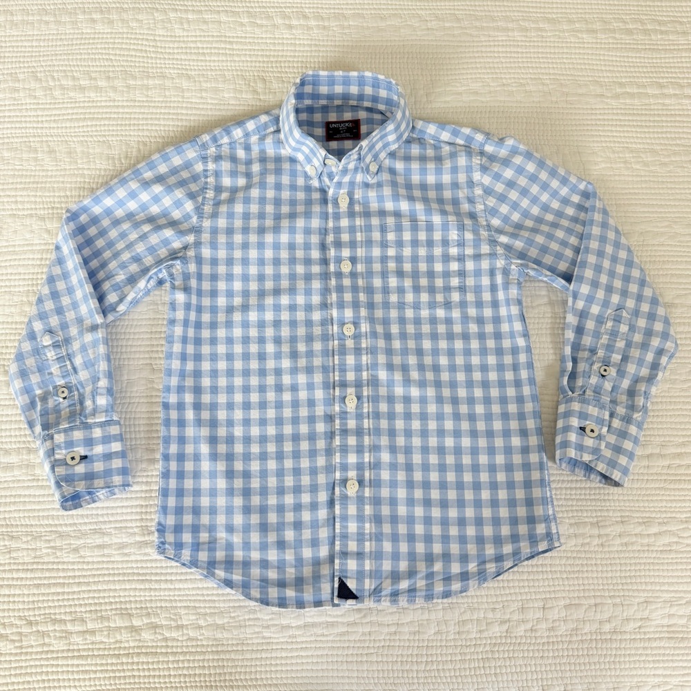 UNTUCKit Boys Blue White Gingham Long Sleeve Button Down Dress Shirt Cotton 6-7
